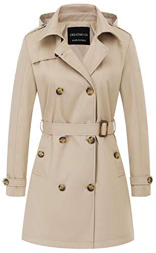 CREATMO US Women's Trench Coat with Hood Military Coat Overcoats Long Trench Jacket with Belt Khaki 2XL