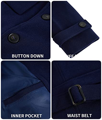 Pretifeel Mens Trench Coat Slim Fit Wool Blends Business Lapel Belted Overcoat Winter Casual Peacoat Jacket