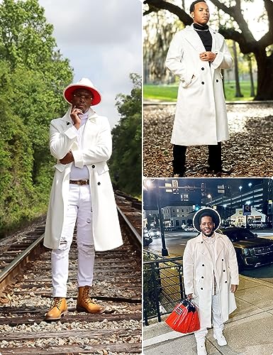 Springrain Men's Pea Coat Double Breasted Overcoat Lapel Coat Classic Long Trench Coat(White-L)
