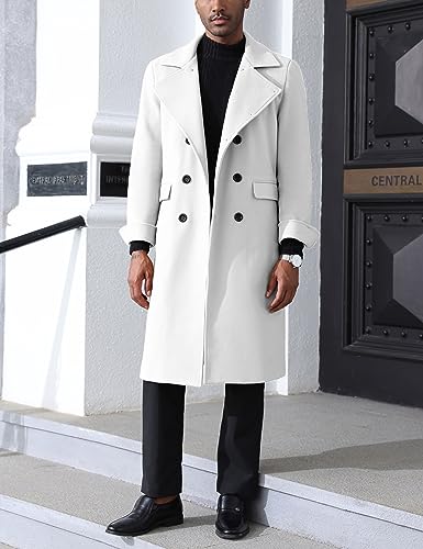 Springrain Men's Pea Coat Double Breasted Overcoat Lapel Coat Classic Long Trench Coat(White-L)