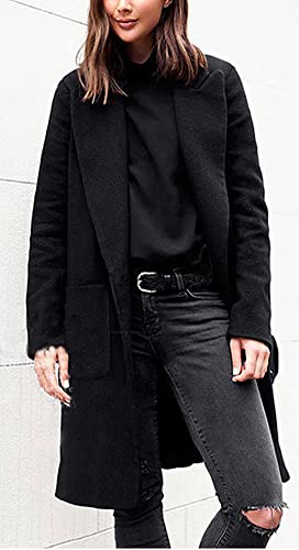 chouyatou Women's Winter Casual Single Breasted Long Wool Coat Formal Office Wool Overcoat (X-Large, Black)