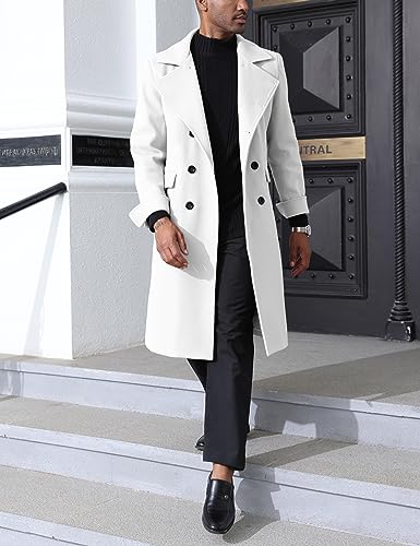 Springrain Men's Pea Coat Double Breasted Overcoat Lapel Coat Classic Long Trench Coat(White-L)
