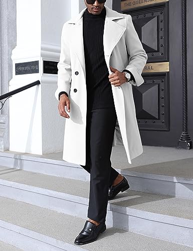 Springrain Men's Pea Coat Double Breasted Overcoat Lapel Coat Classic Long Trench Coat(White-L)