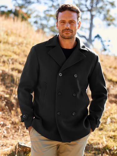 Bbalizko Mens Classic Pea Coat Notched Collar Slim Fit Double Breasted Winter Warm Heavyweight Trench Coats
