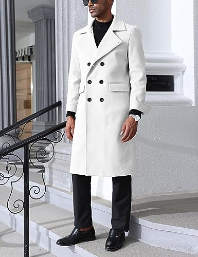 Springrain Men's Pea Coat Double Breasted Overcoat Lapel Coat Classic Long Trench Coat(White-L)