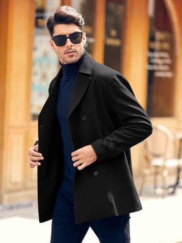 Bbalizko Mens Classic Pea Coat Notched Collar Slim Fit Double Breasted Winter Warm Heavyweight Trench Coats