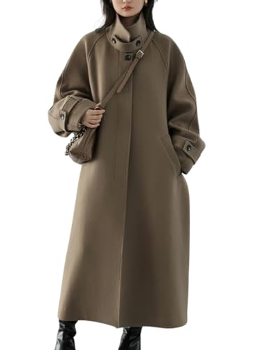chouyatou Women's Winter Hidden Single Breasted Wool Coat Raglan Sleeve Business Long Wool Overcoat (Small, Dark Khaki)