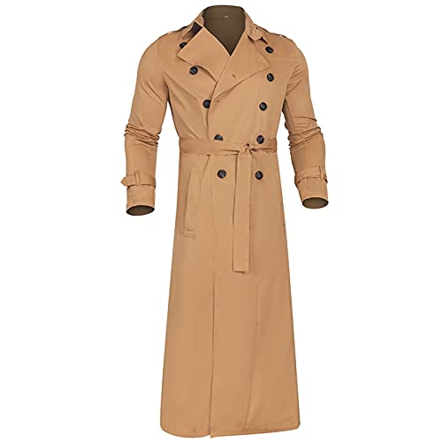Dgoopd Trench Coat Men Long Double Breasted Trench Coat Belted Lightweight Jacket Notched Lapel Jacket Windbreaker Overcoat