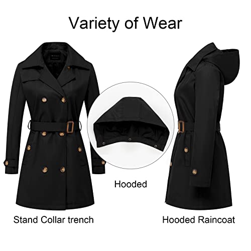 CREATMO US Women's Waterproof Double-Breasted Trench Coat Classic Lapel Overcoat Slim Outerwear with Belt Black 3XL