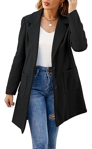 ECOWISH Women Coat Trench Jacket - Winter Long Sleeve Peacoat Fall Mid-Length Lapel Cardigan Overcoat with Pockets Black Small