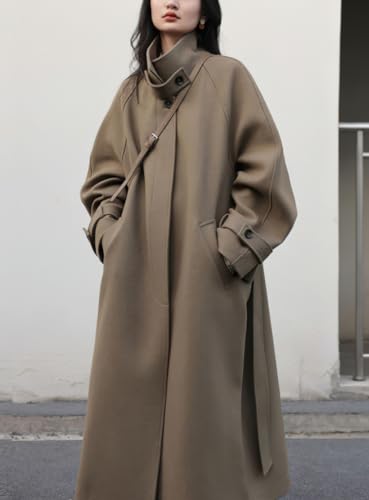 chouyatou Women's Winter Hidden Single Breasted Wool Coat Raglan Sleeve Business Long Wool Overcoat (Small, Dark Khaki)