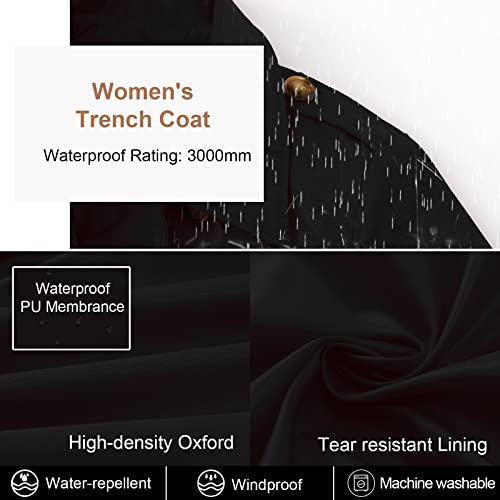CREATMO US Women's Waterproof Double-Breasted Trench Coat Classic Lapel Overcoat Slim Outerwear with Belt Black 3XL