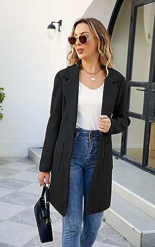ECOWISH Women Coat Trench Jacket - Winter Long Sleeve Peacoat Fall Mid-Length Lapel Cardigan Overcoat with Pockets Black Small