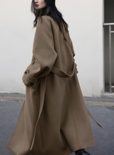 chouyatou Women's Winter Hidden Single Breasted Wool Coat Raglan Sleeve Business Long Wool Overcoat (Small, Dark Khaki)