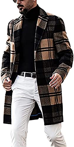 chouyatou Men's Casual Notched Collar Plaid Single Breasted Wool Blend Formal Trench Top Coat (Brown-Plaid, Large)