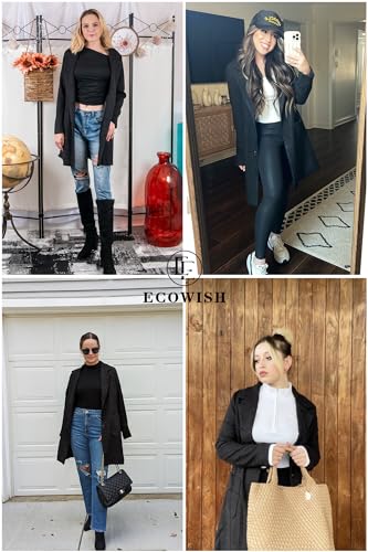 ECOWISH Women Coat Trench Jacket - Winter Long Sleeve Peacoat Fall Mid-Length Lapel Cardigan Overcoat with Pockets Black Small