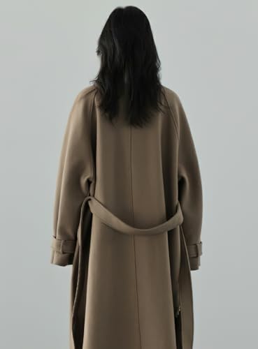 chouyatou Women's Winter Hidden Single Breasted Wool Coat Raglan Sleeve Business Long Wool Overcoat (Small, Dark Khaki)