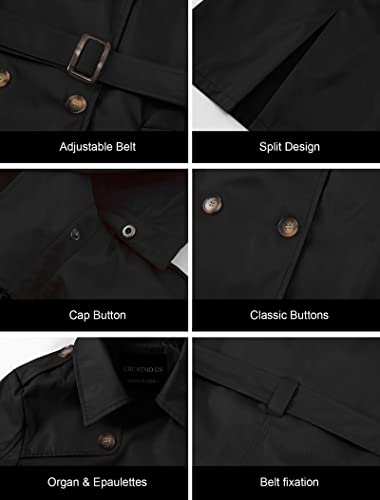 CREATMO US Women's Waterproof Double-Breasted Trench Coat Classic Lapel Overcoat Slim Outerwear with Belt Black 3XL