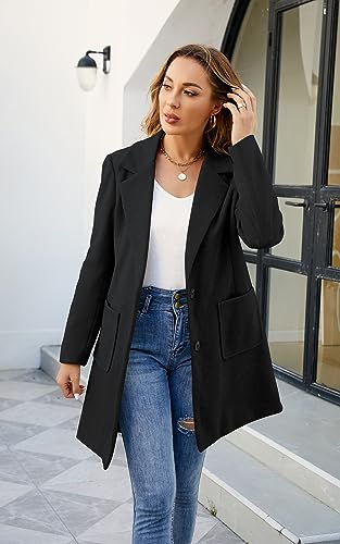 ECOWISH Women Coat Trench Jacket - Winter Long Sleeve Peacoat Fall Mid-Length Lapel Cardigan Overcoat with Pockets Black Small