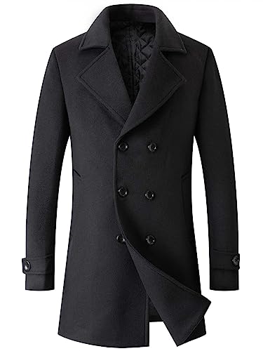 DOINLINE Men's Winter Coat Wool Blend Trench Overcoat Casual Double Breasted Long Pea Topcoat Black M