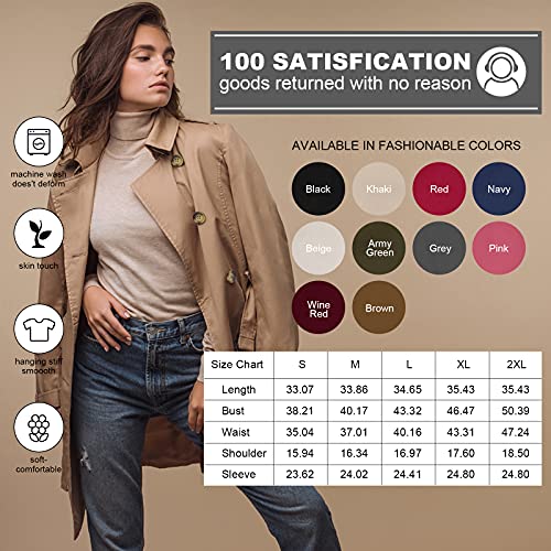 CREATMO US Women's Waterproof Double-Breasted Trench Coat Classic Lapel Overcoat Slim Outerwear with Belt Black 3XL
