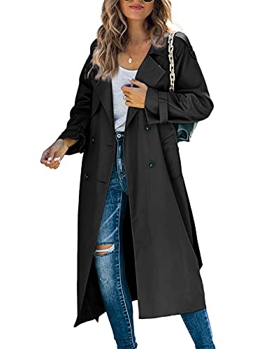 Makkrom Women's Double Breasted Long Trench Coat Windproof Classic Lapel Slim Overcoat with Belt