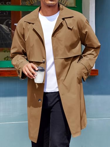 Runcati Mens Trench Coat Single Breasted Slim Fit Mid Long Jackets Casual Fall Windbreaker Overcoat