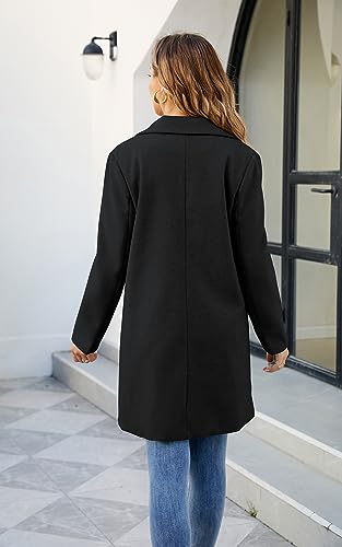 ECOWISH Women Coat Trench Jacket - Winter Long Sleeve Peacoat Fall Mid-Length Lapel Cardigan Overcoat with Pockets Black Small