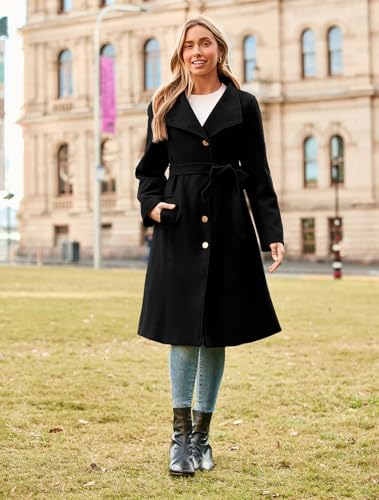 GRACE KARIN Trench Peacoat for Women 2024 Winter Fashion Work Casual Notch Lapel Belted Midi Coat Fall Outfits Shacket Black L