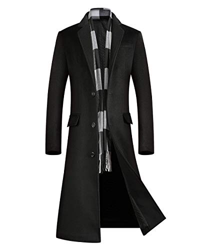 ebossy Men's Wool Blend Full Length Overcoat Single Breasted Long Coat with Flap Pocket (Medium, Quilted Black)