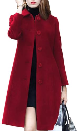 chouyatou Women's Fall Winter Elegant Single Breasted Long Wool Coat Overcoat (2X-Large, Red)