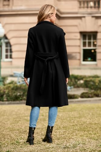 GRACE KARIN Trench Peacoat for Women 2024 Winter Fashion Work Casual Notch Lapel Belted Midi Coat Fall Outfits Shacket Black L