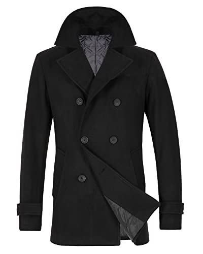 Lisskolo Men's Classic Wool Overcoat Notched Collar Double Breasted Wool Blend Pea Coat Black M