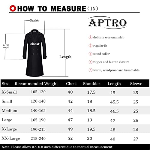 APTRO Men's Luxury Full Length Trench Coat Long Wool Overcoat Winter Windbreaker 1818 Black M