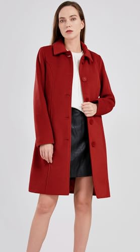 chouyatou Women's Fall Winter Elegant Single Breasted Long Wool Coat Overcoat (2X-Large, Red)