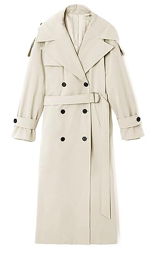 Farktop Womens Oversized Long Trench Coat Double Breasted Lapel Windproof Overcoat with Belt