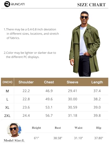 Runcati Mens Trench Coat Single Breasted Slim Fit Mid Long Jackets Casual Fall Windbreaker Overcoat