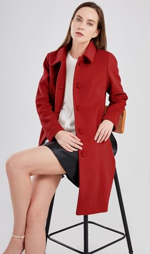 chouyatou Women's Fall Winter Elegant Single Breasted Long Wool Coat Overcoat (2X-Large, Red)