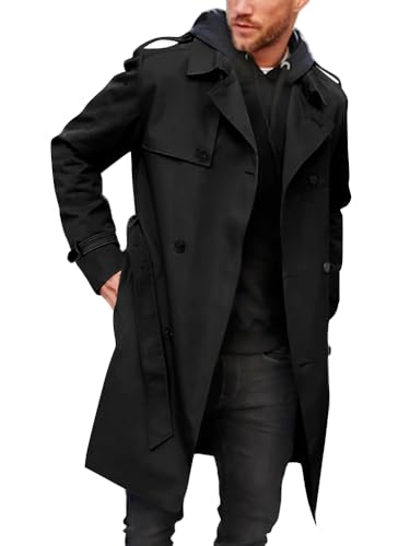 Pretifeel Mens Trench Coat Slim Fit Double Breasted Long Jacket Notched Lapel Belt Fall Windproof Coat X-Large