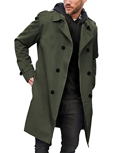 Gafeng Mens Trench Coat Double Breasted Notched Lapel Casual Slim Fit Long Jacket Windbreaker Overcoat Army Green