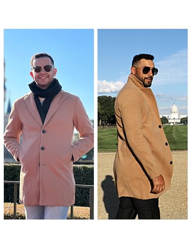 UANEO Mens Wool Blend Trench Coat Notch Lapel Camel Pea Coats Winter Overcoat (Khaki-XXL)