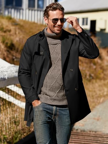 Pretifeel Mens Trench Coat Slim Fit Double Breasted Long Jacket Notched Lapel Belt Fall Windproof Coat X-Large