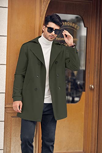 Gafeng Mens Trench Coat Double Breasted Notched Lapel Casual Slim Fit Long Jacket Windbreaker Overcoat Army Green