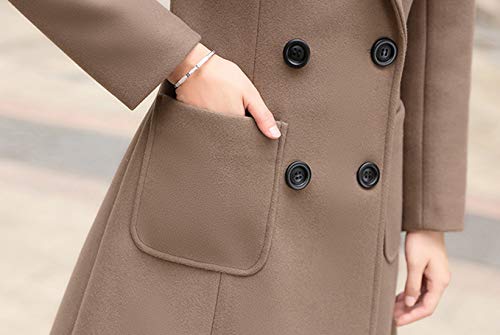 chouyatou Women Elegant Notched Collar Double Breasted Wool Blend Over Coat (Medium, Khaki)