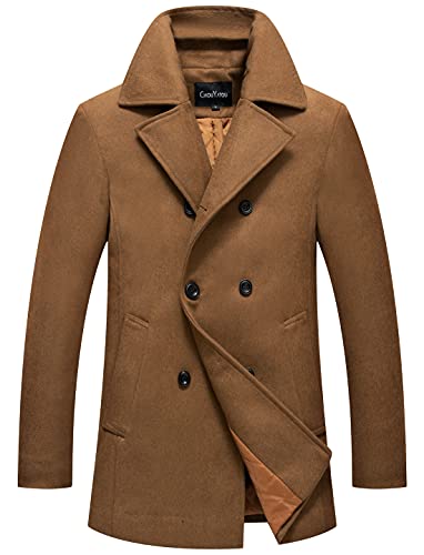 chouyatou Men's Classic Notched Collar Double Breasted Wool Blend Pea Coat (X-Large, Brown)