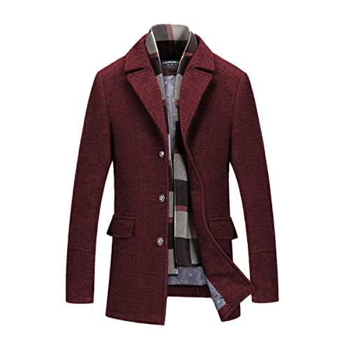 INVACHI Men's Overcoat Single Breasted Pea coat With Removable Scarf Winter Coat