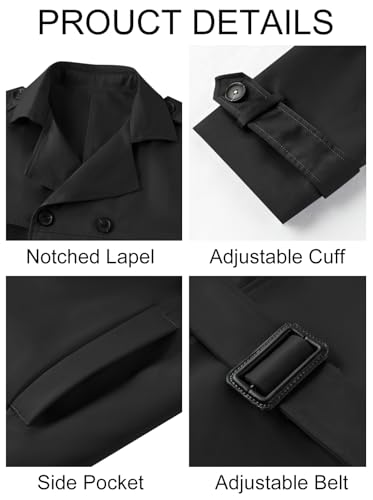 Pretifeel Mens Trench Coat Slim Fit Double Breasted Long Jacket Notched Lapel Belt Fall Windproof Coat X-Large