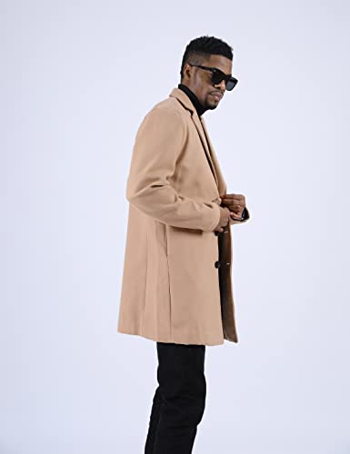 UANEO Mens Wool Blend Trench Coat Notch Lapel Camel Pea Coats Winter Overcoat (Khaki-XXL)