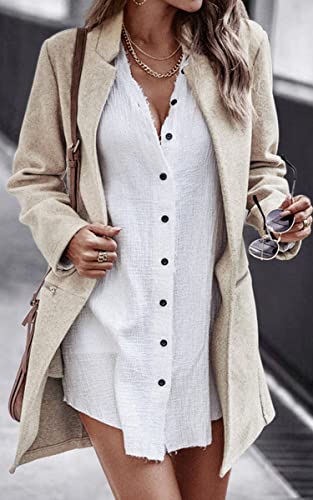 Angashion Women’s Coat, Long Sleeve Stand Collar Cardigan Mid-Long Open Front Outwear Overcoat with Zipper Pockets Beige X-Large