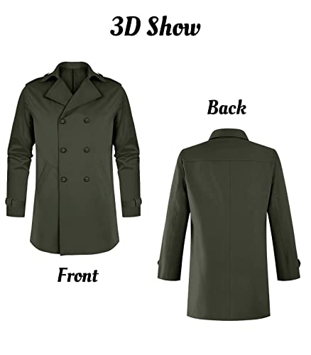 Gafeng Mens Trench Coat Double Breasted Notched Lapel Casual Slim Fit Long Jacket Windbreaker Overcoat Army Green